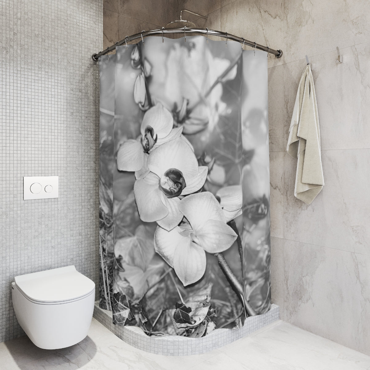Black and white designer shower curtain featuring close up of orchids size: 71’’x74’’