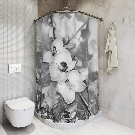 Black and white designer shower curtain featuring close up of orchids size: 71’’x74’’