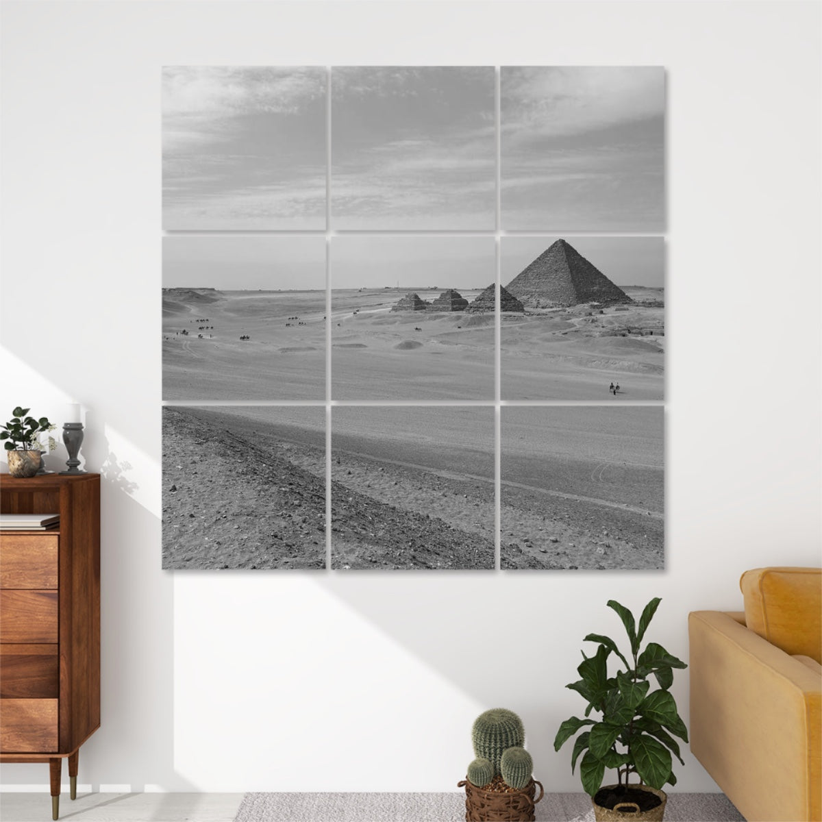 Greyscale decorative sound panels showing the Pyramid of Menkaure on Giza Plateau in monochrome tones
