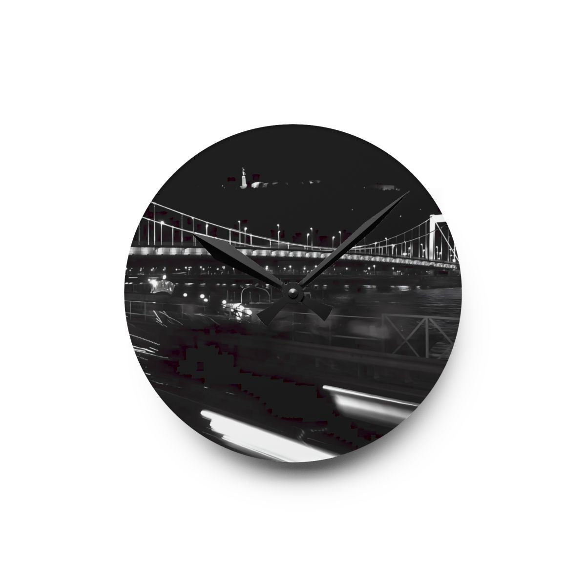 Acrylic Wall Clock featuring black and white long exposure photograph of bridge in Budapest by night with citadel in the background and car in the foreground