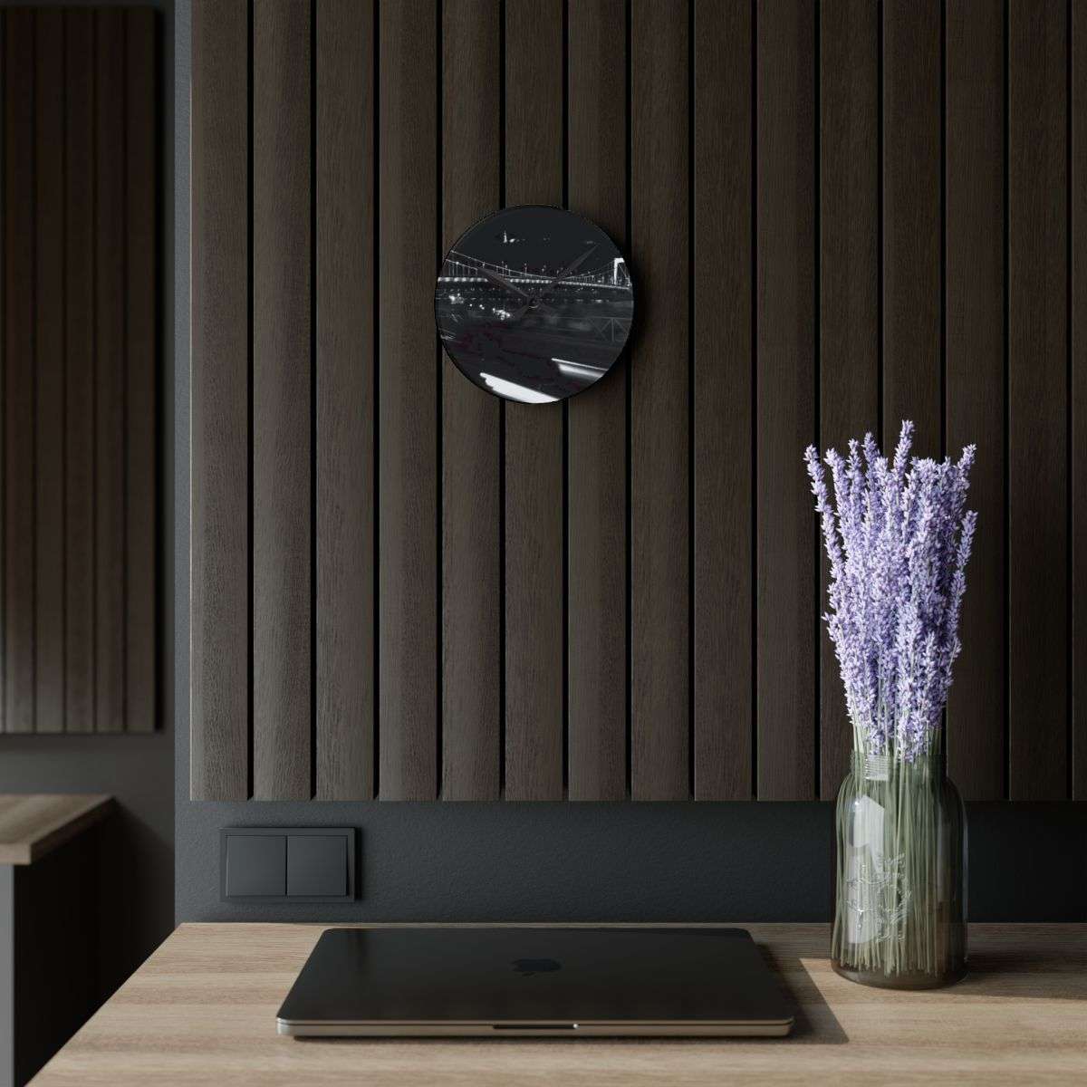 Acrylic Wall Clock featuring black and white long exposure photograph of bridge in Budapest by night with citadel in the background and car in the foreground