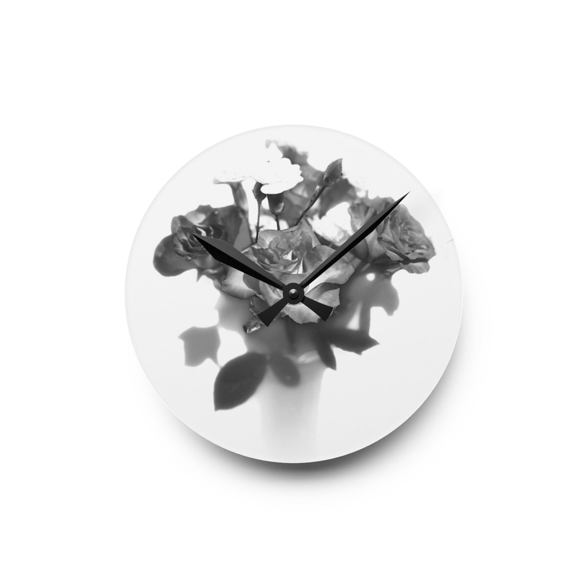 black and white floral acrylic wall clock featuring roses