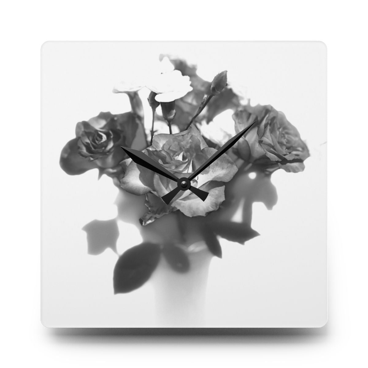 black and white floral acrylic wall clock featuring roses
