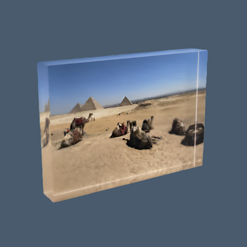 Full color acrylic photo block featuring camels resting before the Pyramids of Giza, printed on 7"x5"x1" crystal-clear acrylic with warm desert tones.