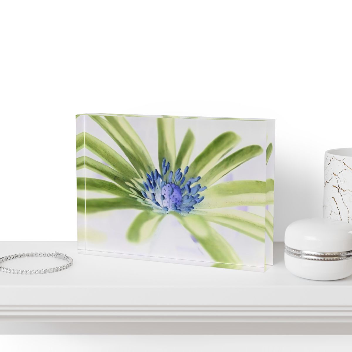 Inverted Purple Anemone acrylic photo block with bold reversed colors, printed with high contrast on polished acrylic for a modern art aesthetic.