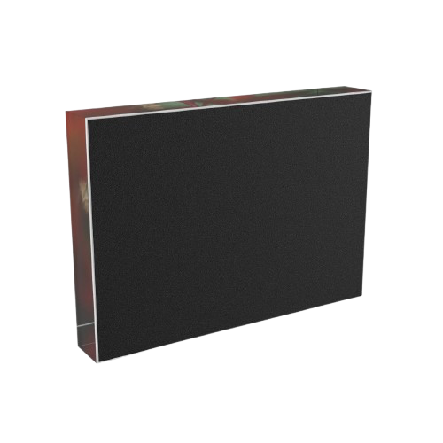 backside of acrylic photo box size: 7''x5'' horizontal featuring close up photograph of bright red and green plants