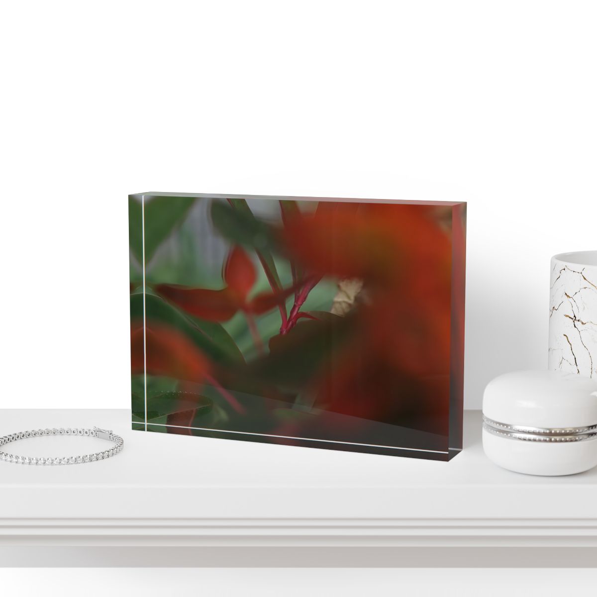 acrylic photo box size: 7''x5'' horizontal featuring close up photograph of bright red and green plants