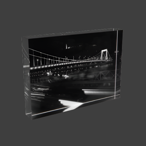 Acrylic Photo Block size 7''x5'' (horizontal) featuring long exposure black and white photograph of Budapest at Night white bridge citadel and car lights