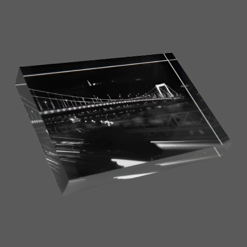Acrylic Photo Block size 7''x5'' (horizontal) featuring long exposure black and white photograph of Budapest at Night white bridge citadel and car lights