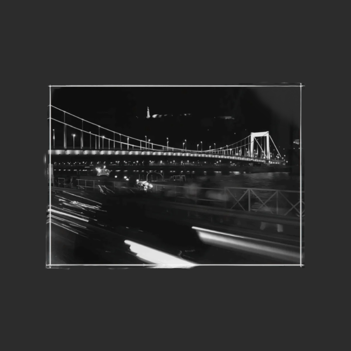 Acrylic Photo Block size 7''x5'' (horizontal) featuring long exposure black and white photograph of Budapest at Night white bridge citadel and car lights