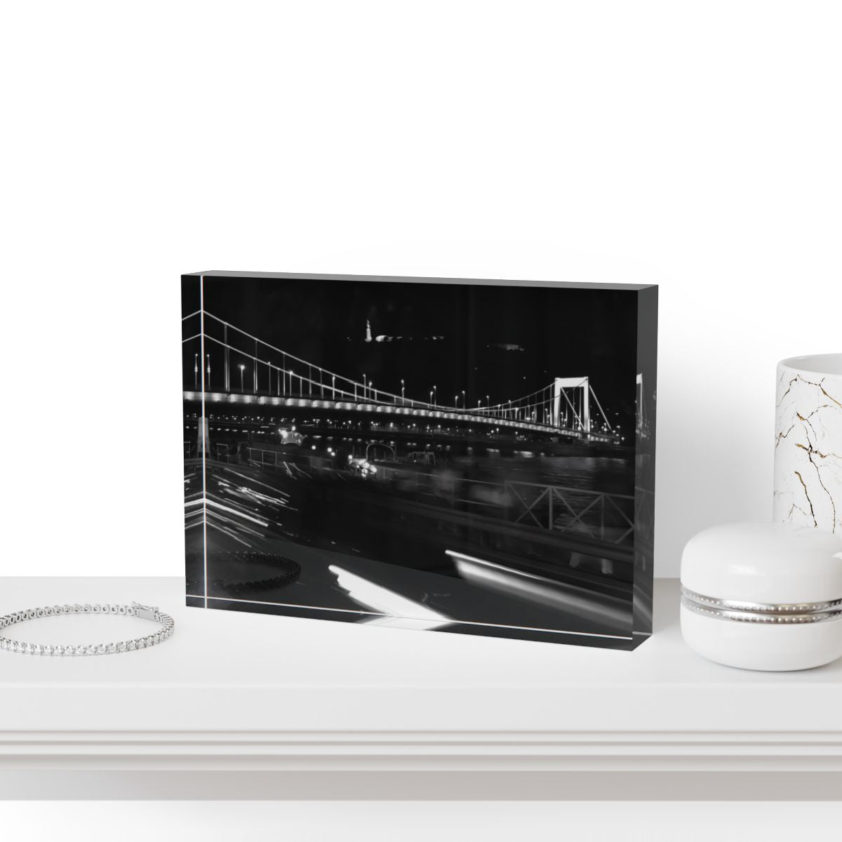 Acrylic Photo Block size 7''x5'' (horizontal) featuring long exposure black and white photograph of Budapest at Night white bridge citadel and car lights