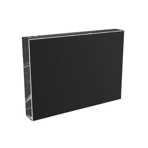 backside of Acrylic Photo Block size 7''x5'' (horizontal) featuring long exposure black and white photograph of Budapest at Night white bridge citadel and car lights