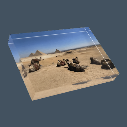 Full color acrylic photo block featuring camels resting before the Pyramids of Giza, printed on 7"x5"x1" crystal-clear acrylic with warm desert tones.