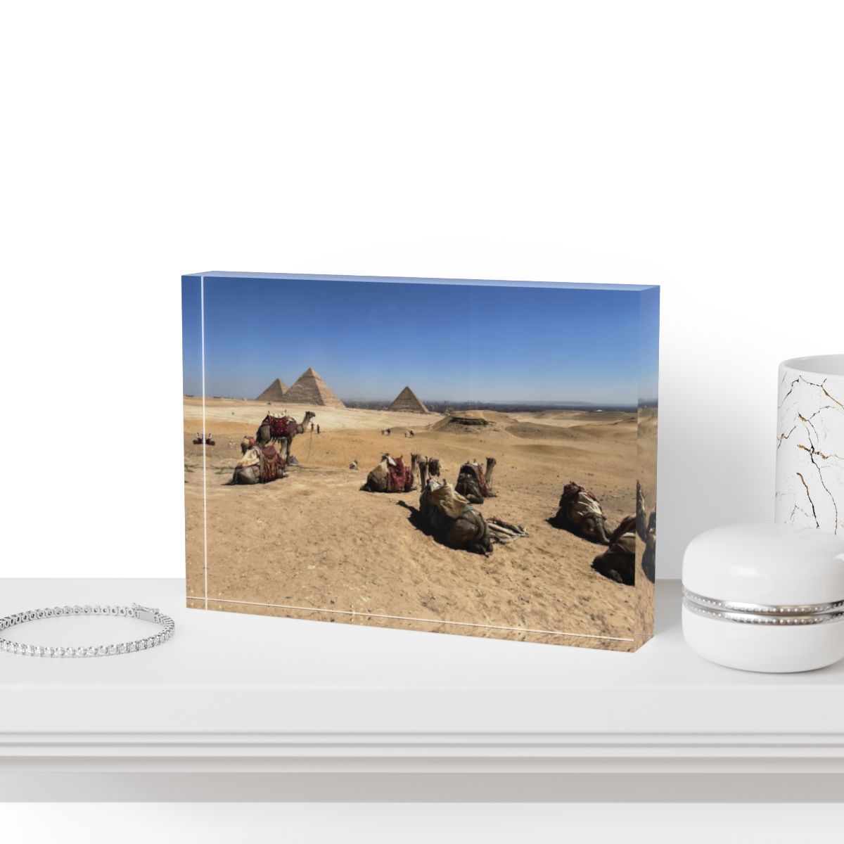 Full color acrylic photo block featuring camels resting before the Pyramids of Giza, printed on 7"x5"x1" crystal-clear acrylic with warm desert tones.