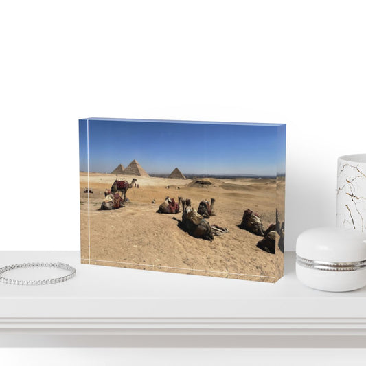 Full color acrylic photo block featuring camels resting before the Pyramids of Giza, printed on 7"x5"x1" crystal-clear acrylic with warm desert tones.