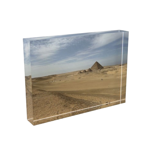 acrylic photo block featuring desert and pyramid of menkaure size: 7''x5'' horizontal