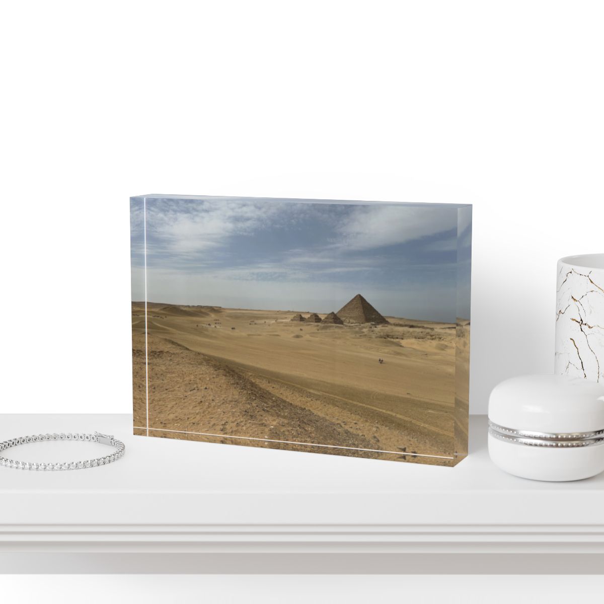 acrylic photo block featuring desert and pyramid of menkaure size: 7''x5'' horizontal