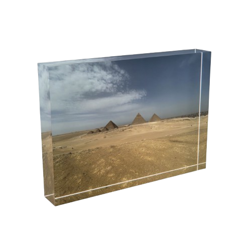 Acrylic Photo Block featuring desert pyramids blue sky and clouds size: 7''x5'' horizontal