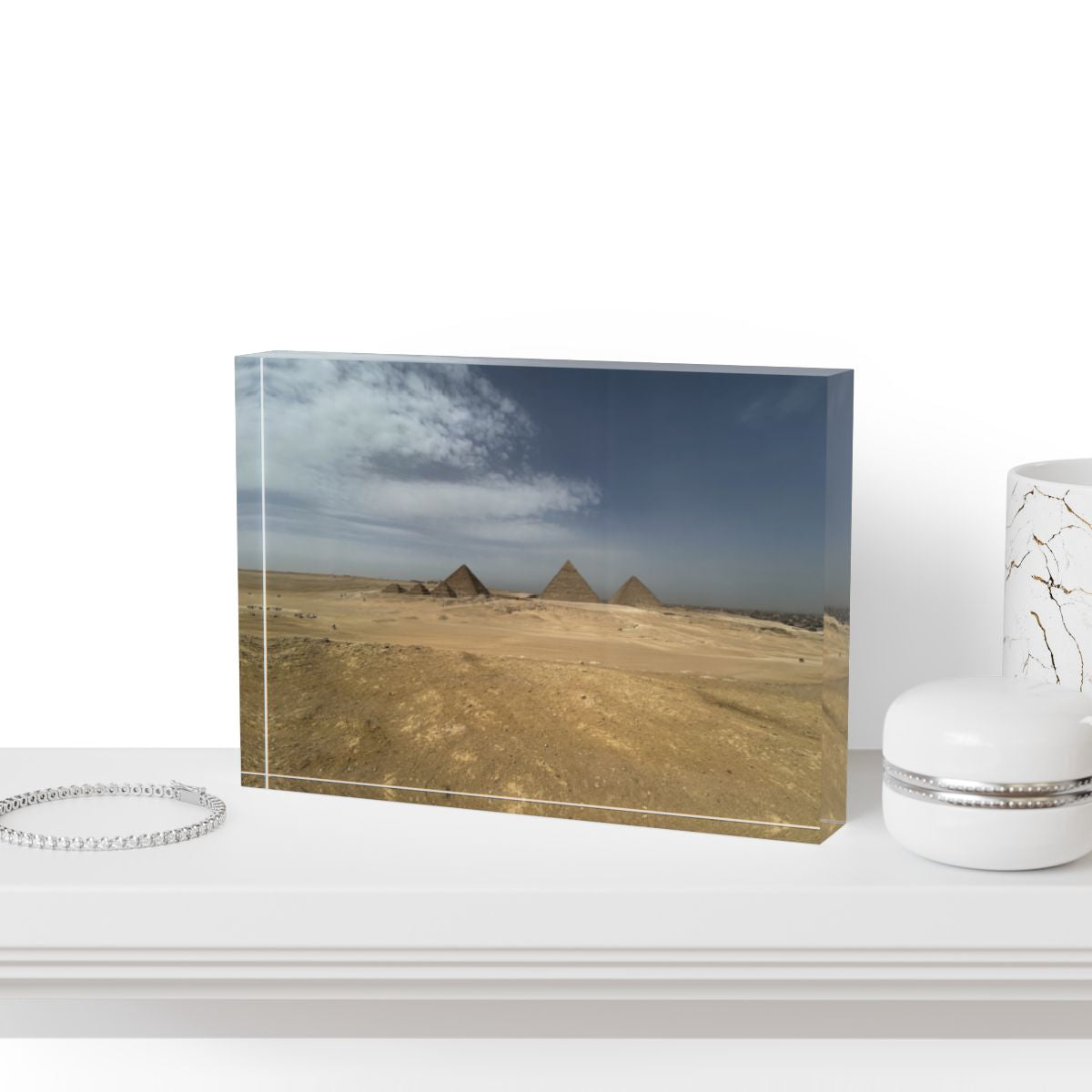 Acrylic Photo Block featuring desert pyramids blue sky and clouds size: 7''x5'' horizontal