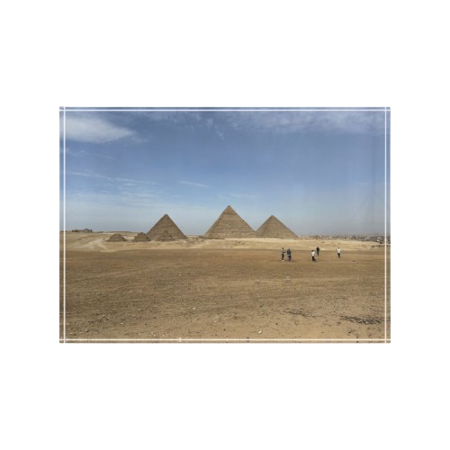 acrylic photo block featuring desert pyramids sky and 5 people watching them size: 7''x5'' horizontal