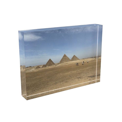 acrylic photo block featuring desert pyramids sky and 5 people watching them size: 7''x5'' horizontal