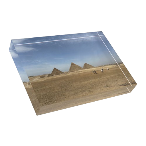acrylic photo block featuring desert pyramids sky and 5 people watching them size: 7''x5'' horizontal