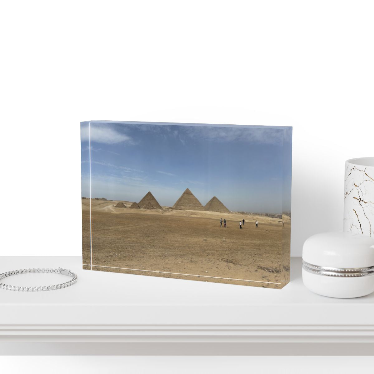 acrylic photo block featuring desert pyramids sky and 5 people watching them size: 7''x5'' horizontal