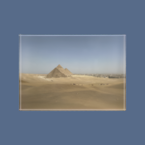 acrylic photo box featuring photograph of desert and pyramids of Giza in distance size: 7''x5'' horizontal