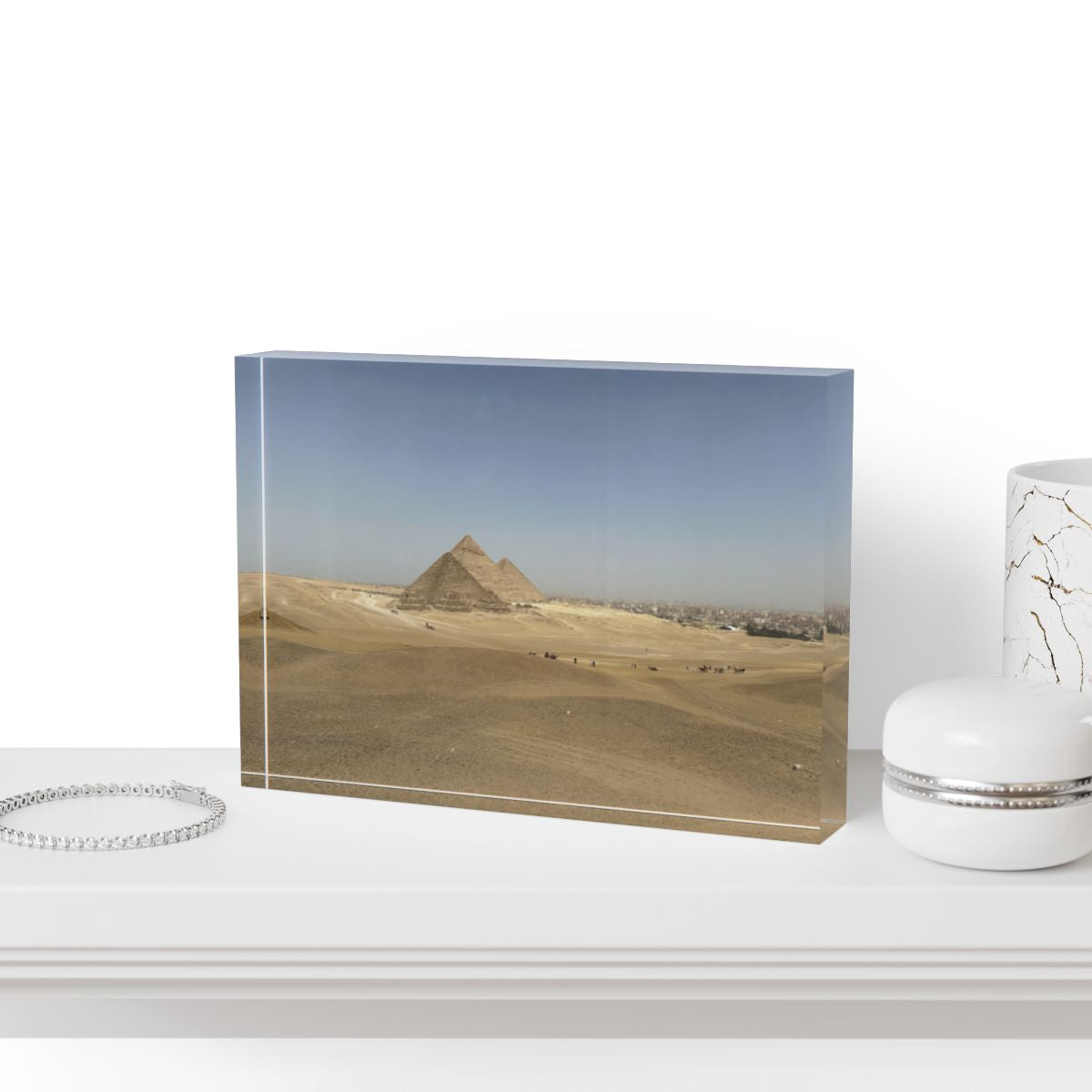 acrylic photo box featuring photograph of desert and pyramids of Giza in distance size: 7''x5'' horizontal