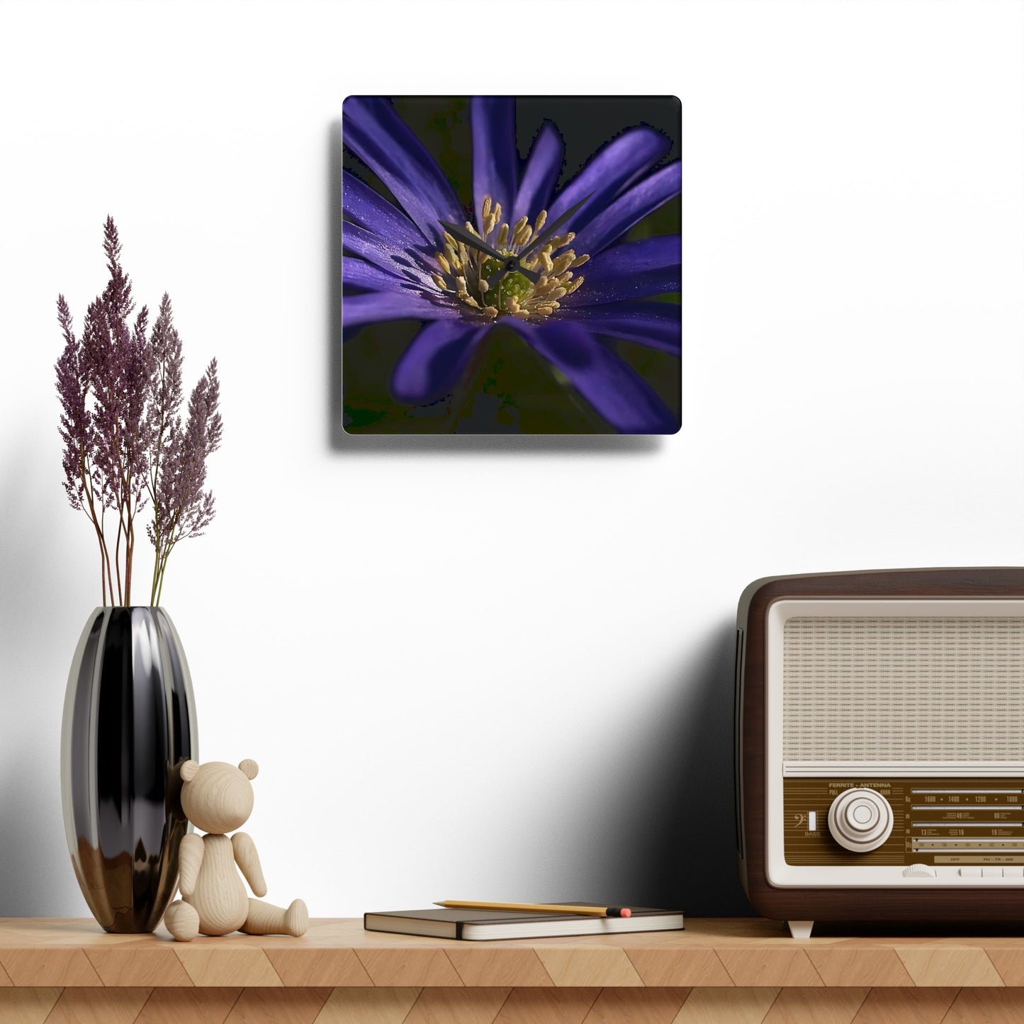Floral acrylic wall clock featuring close up of purple anemone