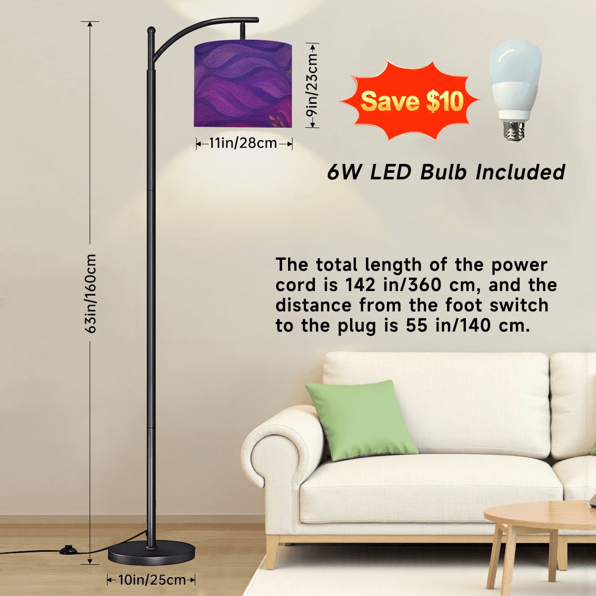 Arc floor lamp with black metal base and gilded arm; linen shade in swirling purple, magenta, and gold wave pattern.