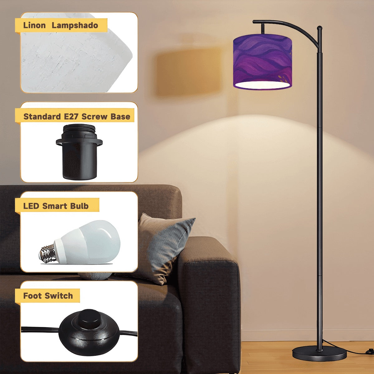 Arc floor lamp with black metal base and gilded arm; linen shade in swirling purple, magenta, and gold wave pattern.