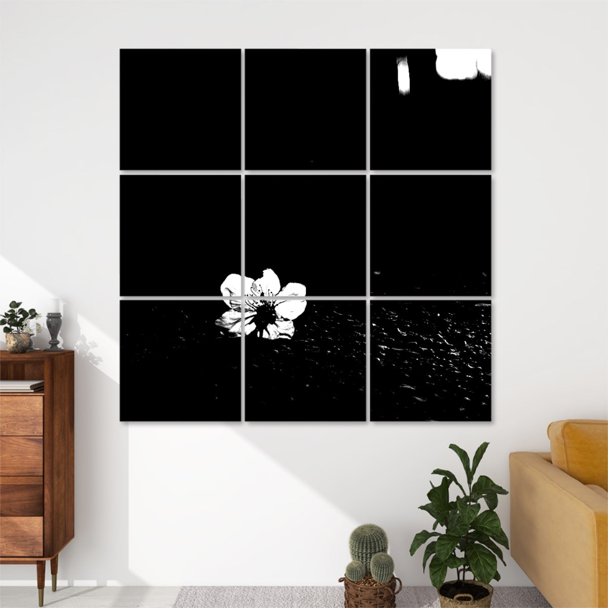 Black and white version of Asphalt Bloom 9-panel wall art showing a white blossom on asphalt with strong contrast and dramatic light.