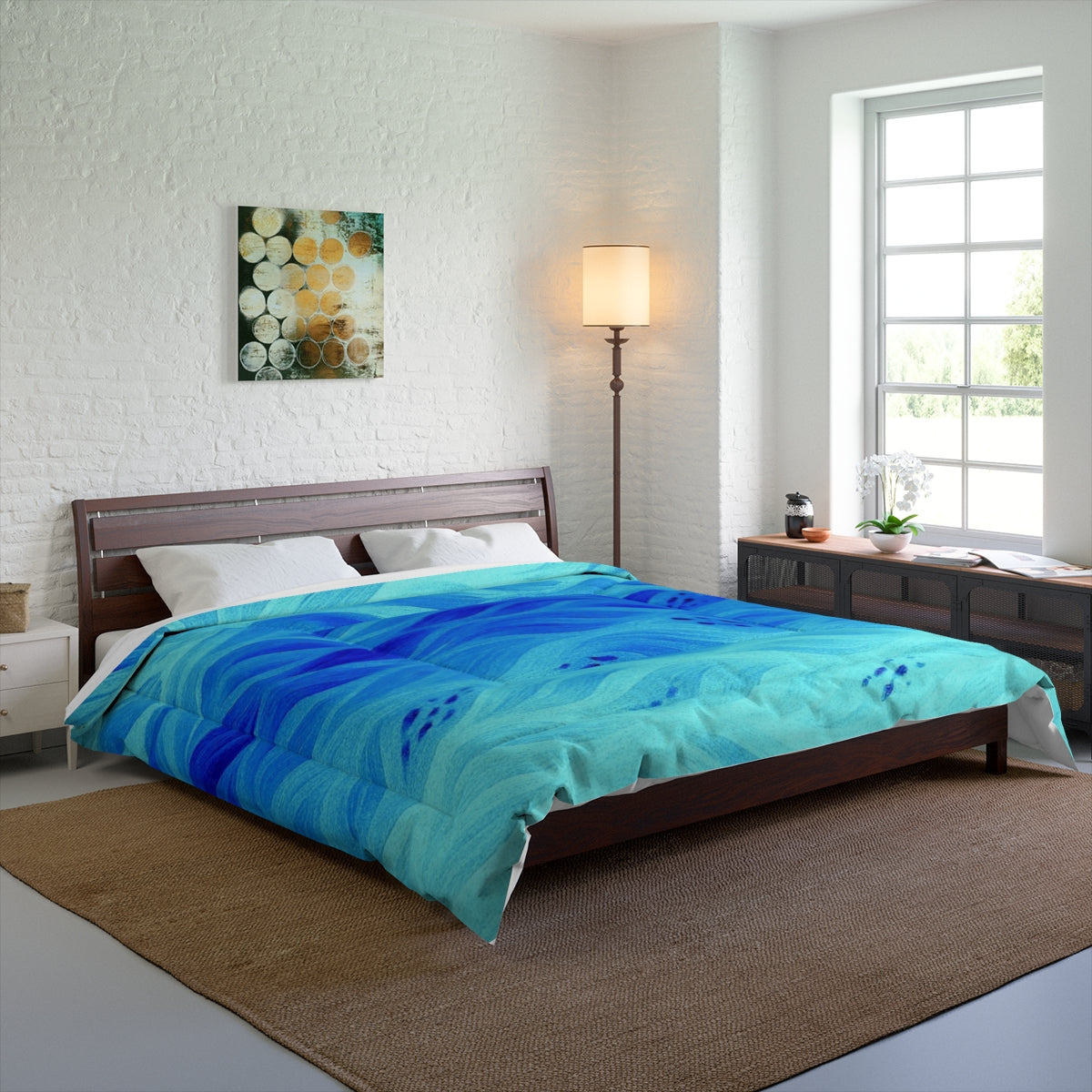 Large bed mockup with the azure comforter draped in flowing marine hues, evoking underwater light. Size: 104" × 88"