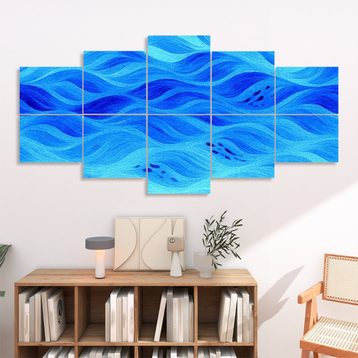 Azure version of Gilded Amethyst Currents with cool blue waveforms displayed on ten sound absorbing panels above a light-colored modern sofa.