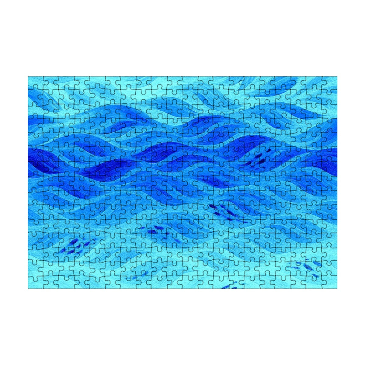300 piece wooden jigsaw puzzle in azure variant featuring cool blue and aqua flowing forms
