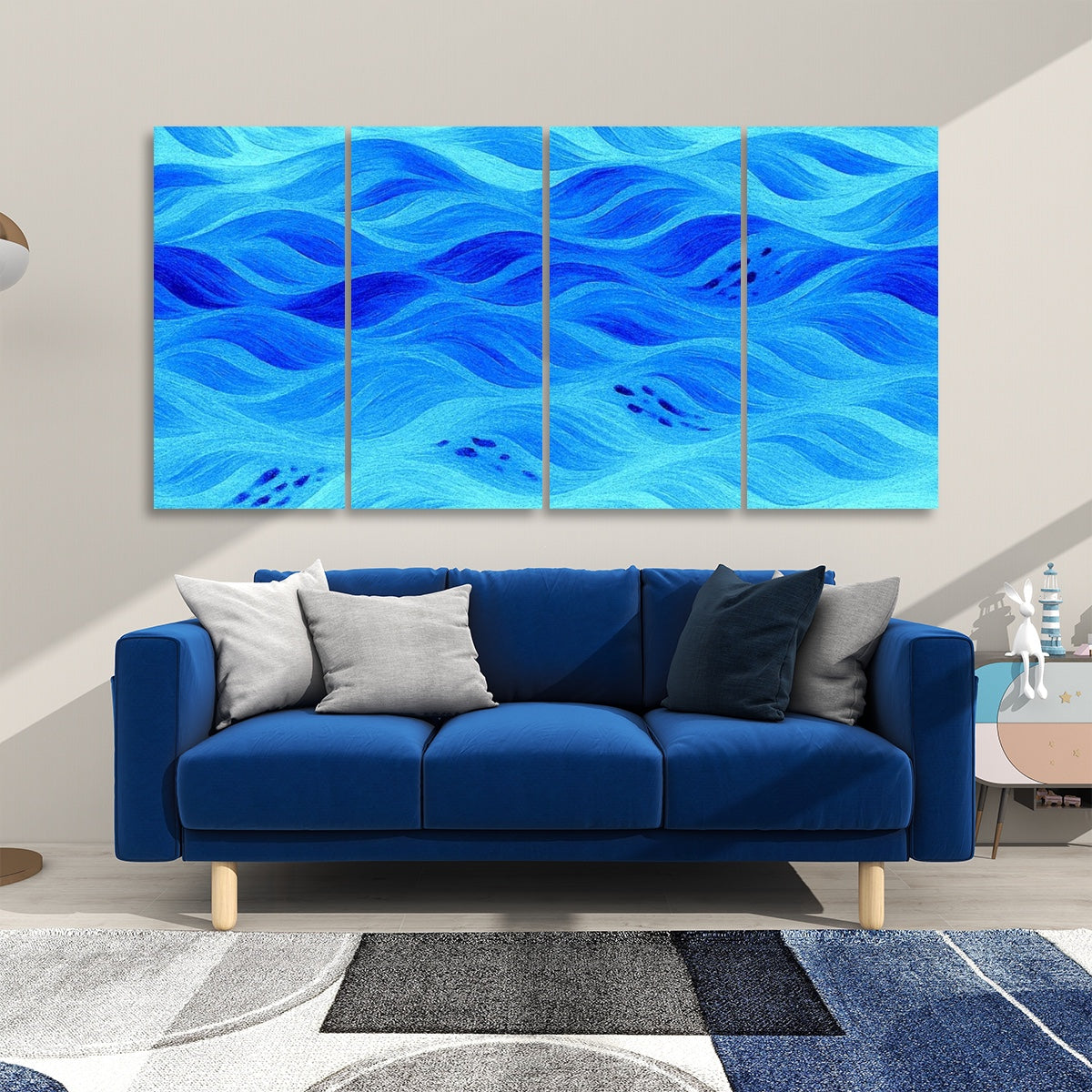 Azure version of Gilded Amethyst Currents on 4 sound-absorbing panels, installed above a modern blue sofa.