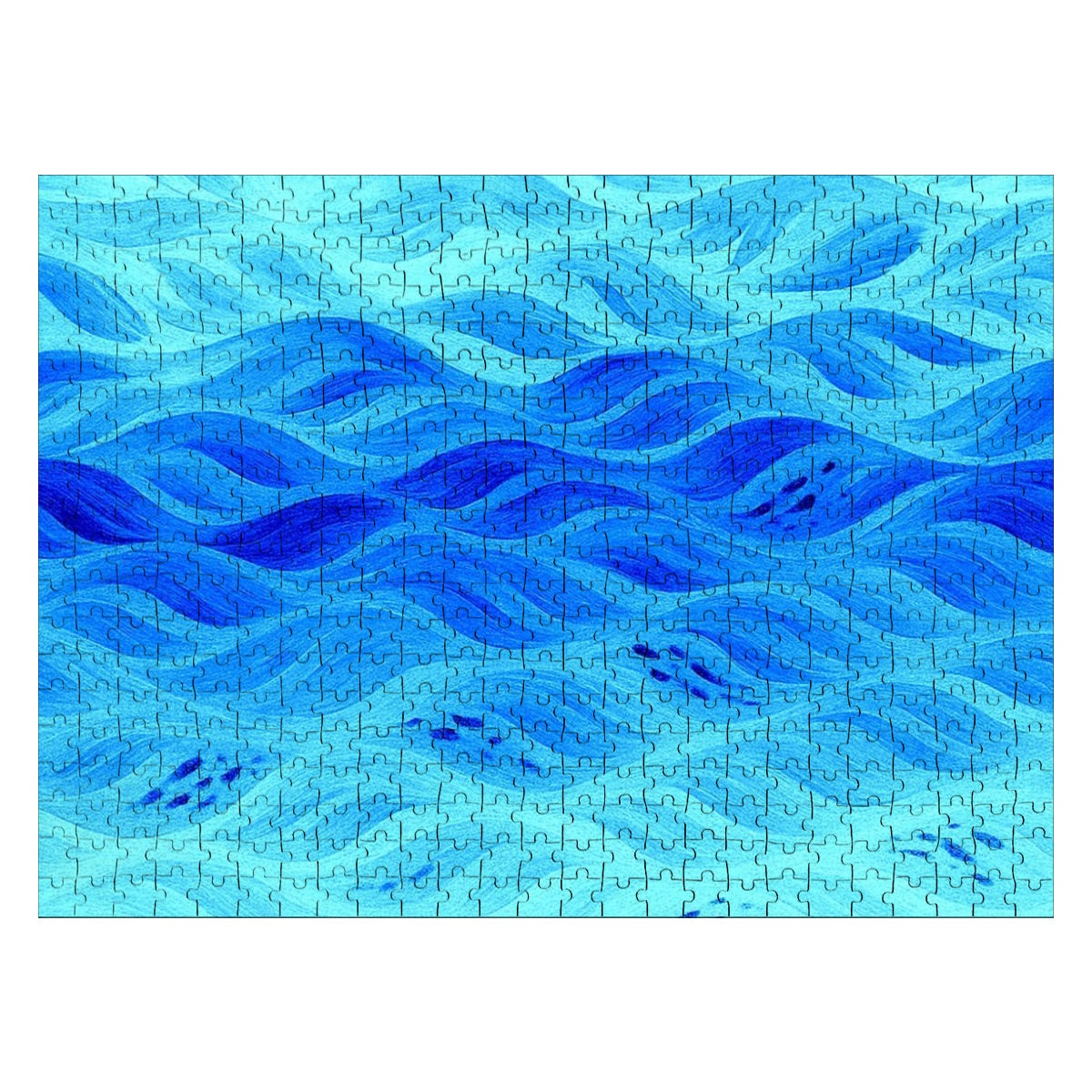 500 piece wooden jigsaw puzzle in azure variant featuring cool blue and aqua flowing forms