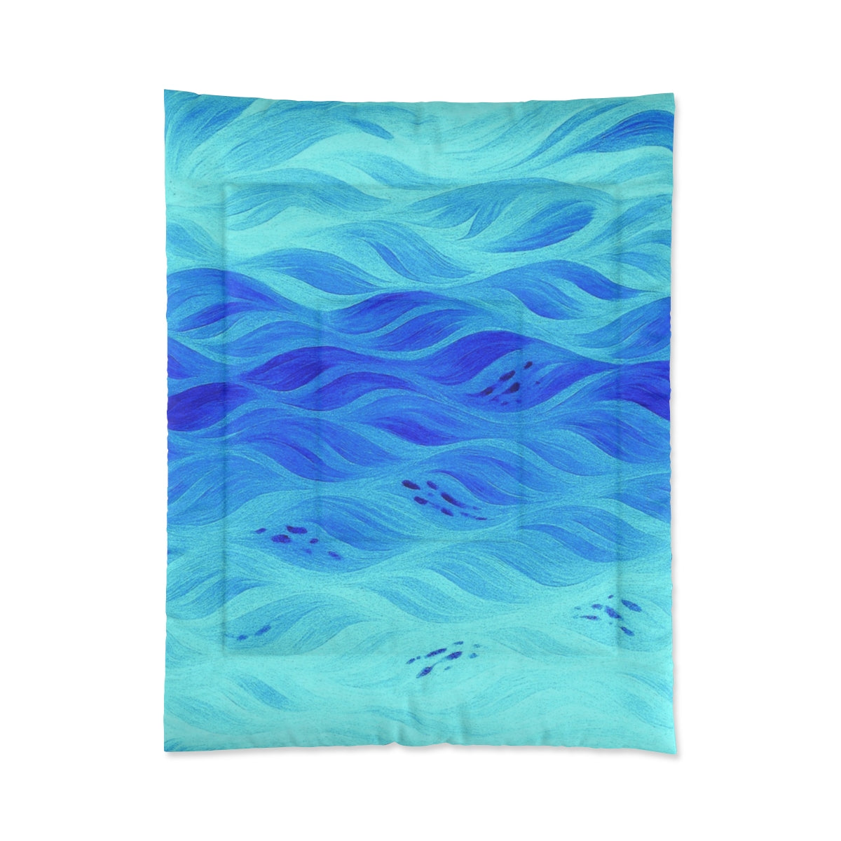 Azure comforter with soft wave design in cerulean, aquamarine, and sky blue hues. Size: 68" × 88"