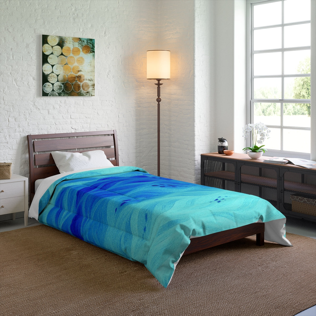 edroom mockup featuring the azure comforter on a twin bed; gentle ocean blues create a tranquil mood. Size: 68" × 88"