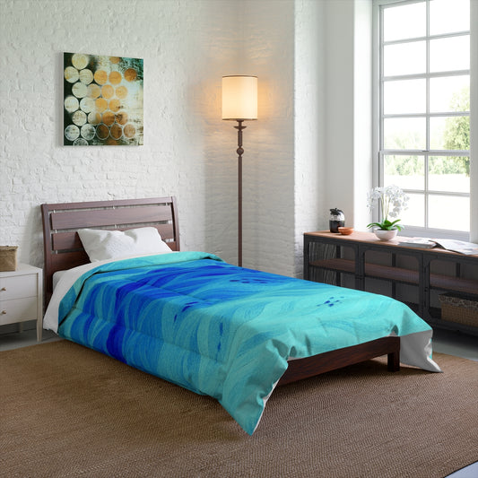 edroom mockup featuring the azure comforter on a twin bed; gentle ocean blues create a tranquil mood. Size: 68" × 88"