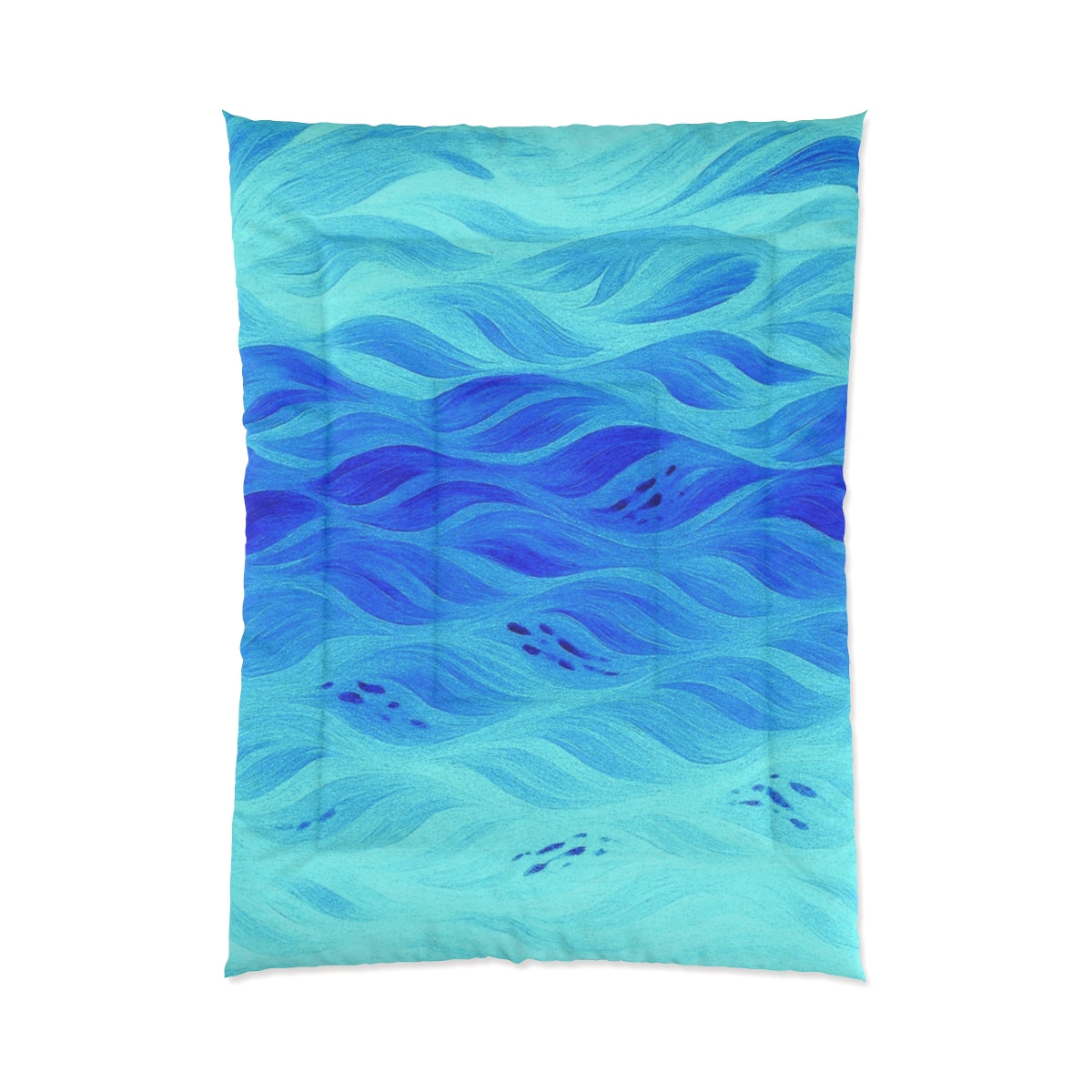 Azure comforter with layered oceanic blues and delicate aqua details. Size: 68" × 92"