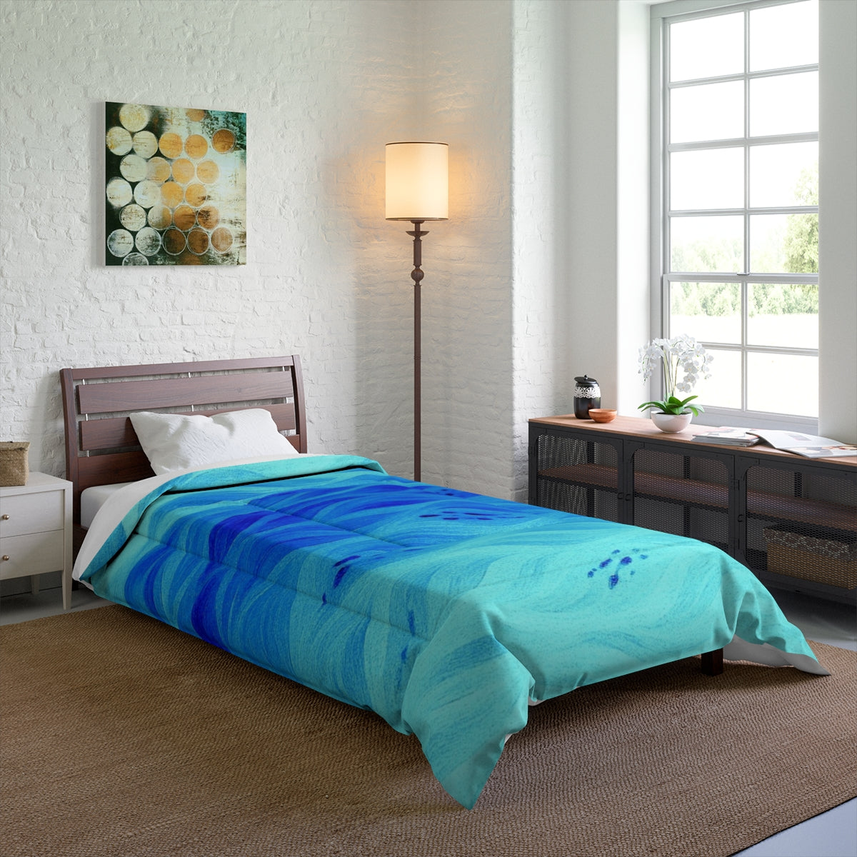 Soft-toned bedroom with the azure comforter on an extra-long single bed, surrounded by light decor. Size: 68" × 92"