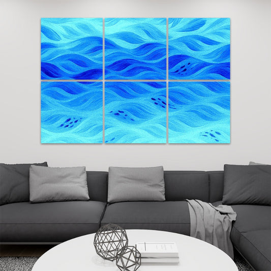Azure version of Gilded Amethyst Currents on 6 decorative panels mounted in a bright room with blue sofa