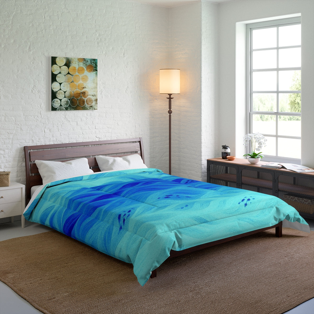 Azure comforter on a queen-size bed in a coastal-inspired bedroom setting. Size: 88" × 88"