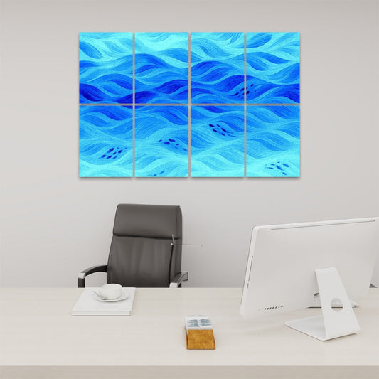 Graduated tones from pale sky to deep ocean blue create a serene gradient; the uninterrupted wave motif reinforces a sense of calm and openness