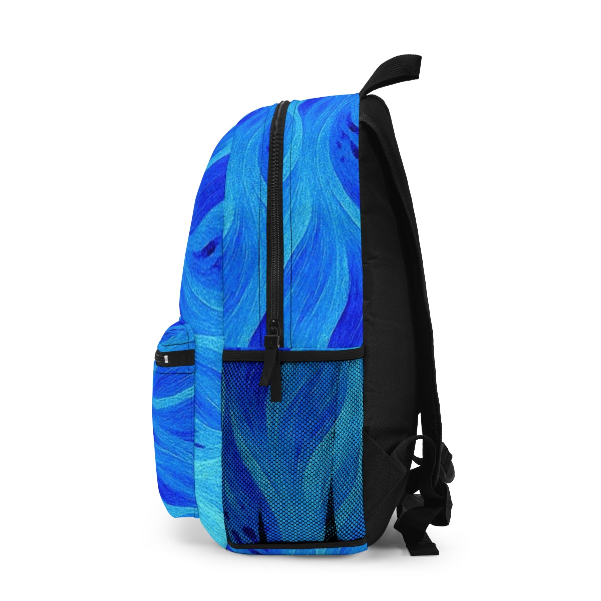 Left side of the backpack showing smooth wave transitions in blue tones, mesh side pocket in black providing contrast