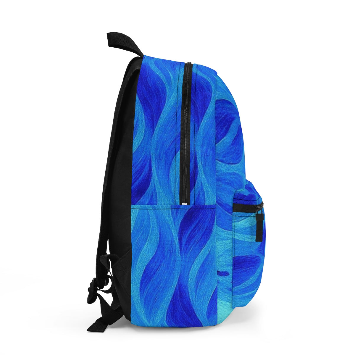 Right profile of the backpack continuing the bright azure wave pattern, highlighting stitching and curved structure