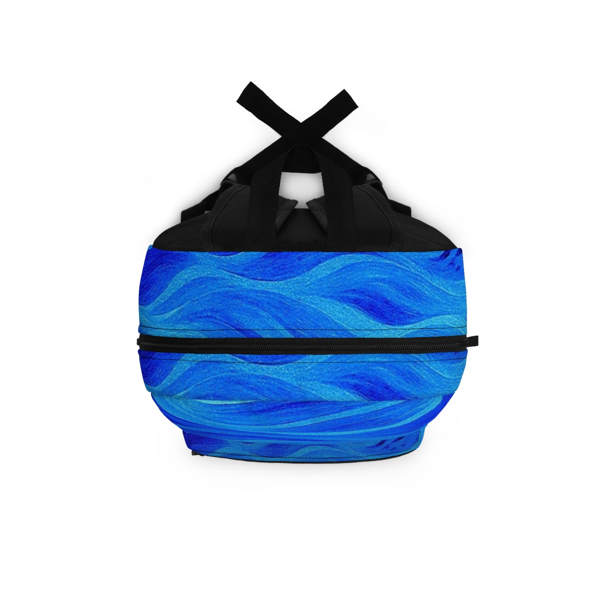 Top-down view of the backpack in bright blue with mid-tone wave accents and a black handle at the crown