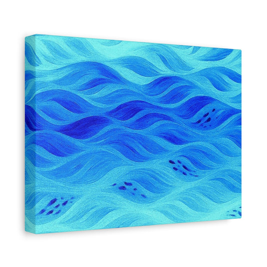 Cool-toned abstract design with blue and indigo currents flowing across the canvas in rhythmic, watery motion.